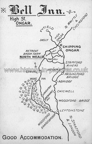Map from the Bell Inn, High Street, Ongar, Essex. c.1920's